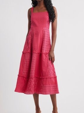 Sleeveless Pink Tiered Eyelet Midi Dress